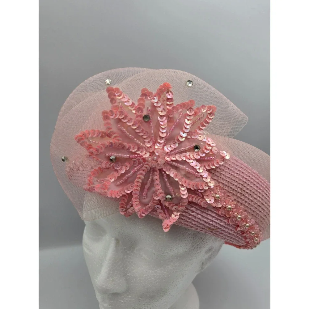 Mr Hi's Classic Pillbox Hat Womens OS Pink Good Sequin Lace Floral Church‎ Derby